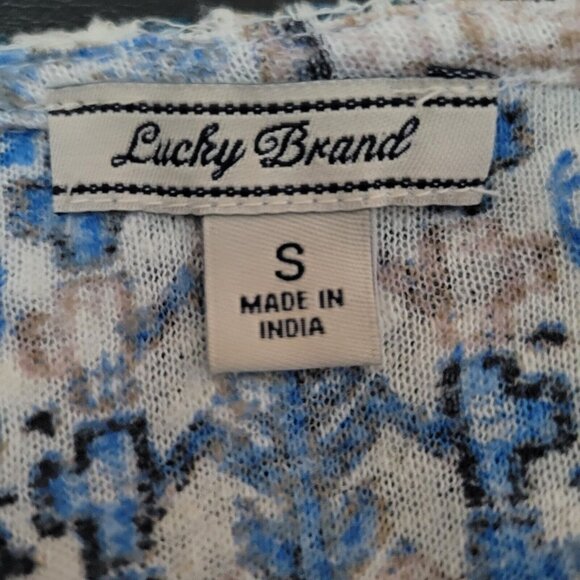 Lucky Brand Top Size S Boho Blue Multicolor 3/4 Sleeve Peasant Tassel Tie - Picture 8 of 14